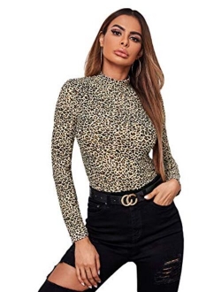 Women's Long Sleeve Mock Neck Slim Snakeskin T-Shirt Tops