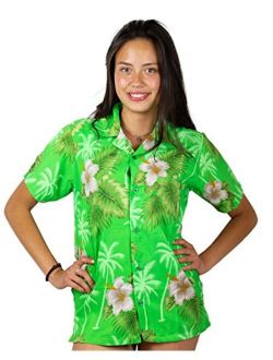 V.H.O. Funky Hawaiian Shirt Blouse Women Shortsleeve Frontpocket Hawaiian-Print Leaves Flowers Allover Unisex