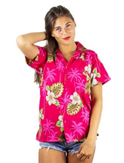 V.H.O. Funky Hawaiian Shirt Blouse Women Shortsleeve Frontpocket Hawaiian-Print Leaves Flowers Allover Unisex