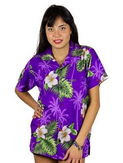 V.H.O. Funky Hawaiian Shirt Blouse Women Shortsleeve Frontpocket Hawaiian-Print Leaves Flowers Allover Unisex