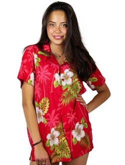 V.H.O. Funky Hawaiian Shirt Blouse Women Shortsleeve Frontpocket Hawaiian-Print Leaves Flowers Allover Unisex