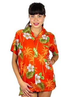 V.H.O. Funky Hawaiian Shirt Blouse Women Shortsleeve Frontpocket Hawaiian-Print Leaves Flowers Allover Unisex