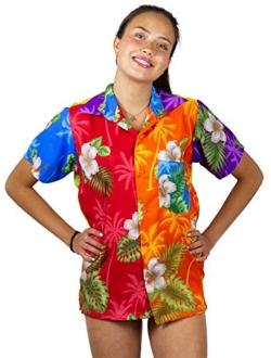 V.H.O. Funky Hawaiian Shirt Blouse Women Shortsleeve Frontpocket Hawaiian-Print Leaves Flowers Allover Unisex