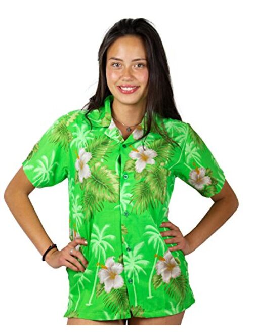 V.H.O. Funky Hawaiian Blouse Shirt Women Very Loud Shortsleeve Casual Front Pocket Button Down Surf Print