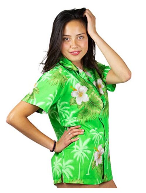 V.H.O. Funky Hawaiian Shirt Blouse Women Shortsleeve Frontpocket Hawaiian-Print Leaves Flowers Allover Unisex