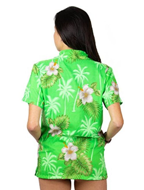 V.H.O. Funky Hawaiian Shirt Blouse Women Shortsleeve Frontpocket Hawaiian-Print Leaves Flowers Allover Unisex