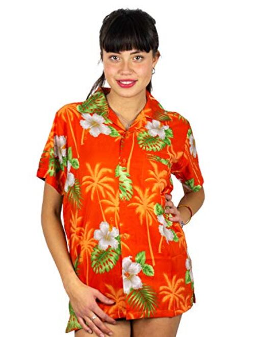 V.H.O. Funky Hawaiian Shirt Blouse Women Shortsleeve Frontpocket Hawaiian-Print Leaves Flowers Allover Unisex