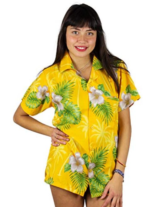 V.H.O. Funky Hawaiian Shirt Blouse Women Shortsleeve Frontpocket Hawaiian-Print Leaves Flowers Allover Unisex