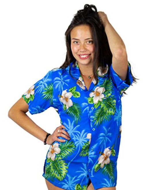 V.H.O. Funky Hawaiian Shirt Blouse Women Shortsleeve Frontpocket Hawaiian-Print Leaves Flowers Allover Unisex