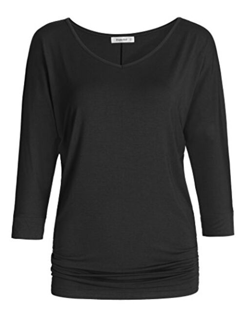 Esenchel Women's V-Neck Dolman Top 3/4 Sleeves Drape Shirt