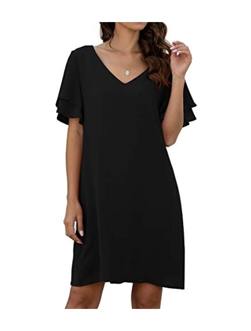 QIXING Women's Summer Casual Loose Mini Dress V-Neck Bell Short Sleeve Shift Dress