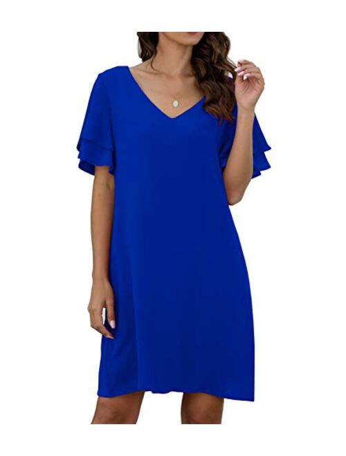 QIXING Women's Summer Casual Loose Mini Dress V-Neck Bell Short Sleeve Shift Dress