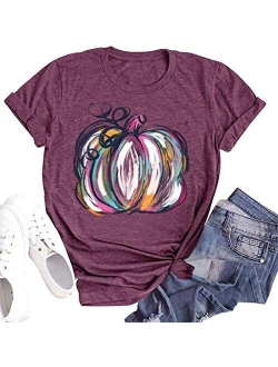 Halloween Pumpkin Shirt Women Plaid Leopard Graphic Tees Funny Cute Short Sleeve Fall Shirt Thanksgiving Gift Tops