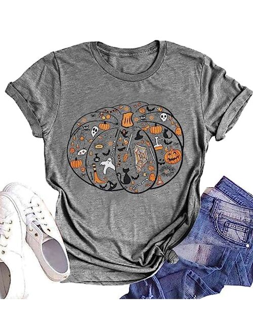 Halloween Pumpkin Shirt Women Plaid Leopard Graphic Tees Funny Cute Short Sleeve Fall Shirt Thanksgiving Gift Tops