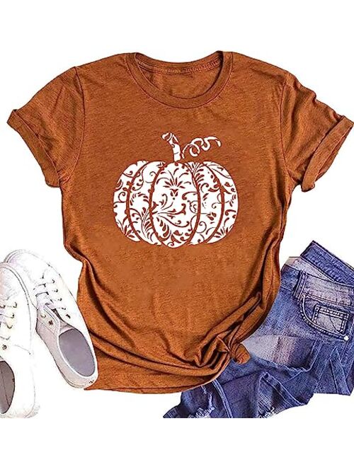 Halloween Pumpkin Shirt Women Plaid Leopard Graphic Tees Funny Cute Short Sleeve Fall Shirt Thanksgiving Gift Tops