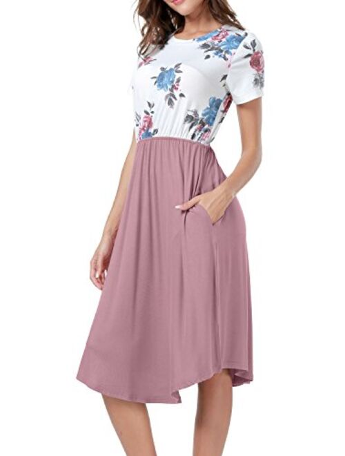 LAINAB Womens Short Sleeve Pocket Floral Print Patchwork Casual Swing Midi Dress