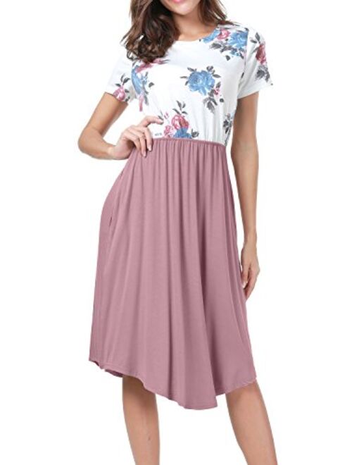 LAINAB Womens Short Sleeve Pocket Floral Print Patchwork Casual Swing Midi Dress