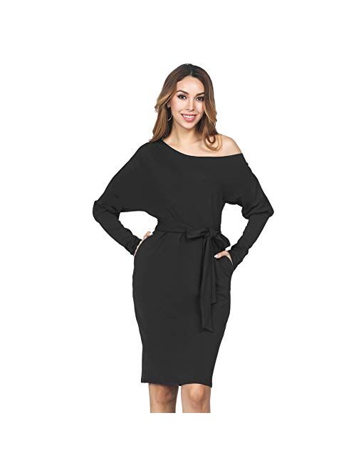 HOOYON Plus Size Dress Women's Off Shoulder Short/Long Sleeve Bodycon Mini Dress