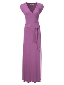 NINEXIS Women's V-Neck Cap Sleeve Waist Wrap Front Maxi Dress