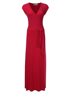 NINEXIS Women's V-Neck Cap Sleeve Waist Wrap Front Maxi Dress