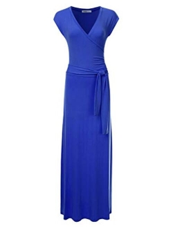 NINEXIS Women's V-Neck Cap Sleeve Waist Wrap Front Maxi Dress