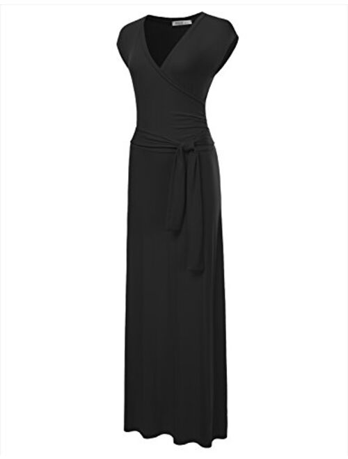 NINEXIS Women's V-Neck Cap Sleeve Waist Wrap Front Maxi Dress