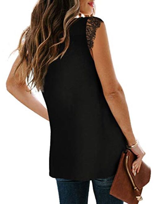 XIEERDUO Women's V Neck Lace Tank Tops Summer Casual Sleeveless Shirts Side Split