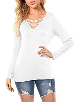 Amoretu Women Casual Short Sleeve Criss Cross V-Neck Summer T-Shirt Blouse Tops