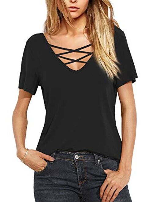 Amoretu Women Casual Short Sleeve Criss Cross V-Neck Summer T-Shirt Blouse Tops