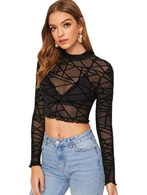 SweatyRocks Women's Long Sleeve Mock Neck Angel Print Sexy Sheer Mesh Crop Top