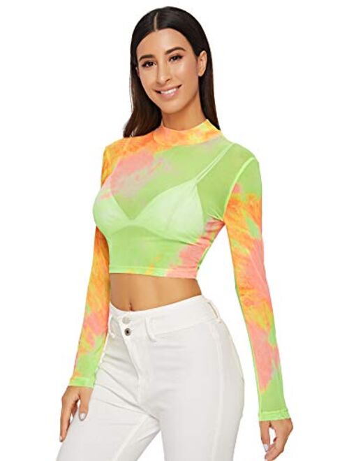 SweatyRocks Women's Long Sleeve Mock Neck Angel Print Sexy Sheer Mesh Crop Top