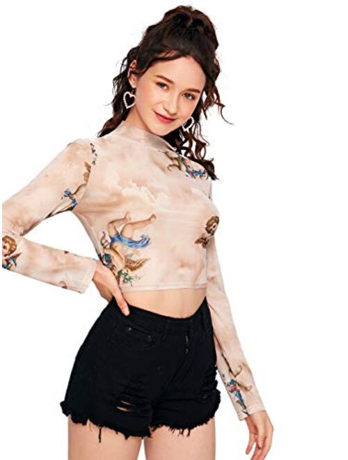 SweatyRocks Women's Long Sleeve Mock Neck Angel Print Sexy Sheer Mesh Crop Top