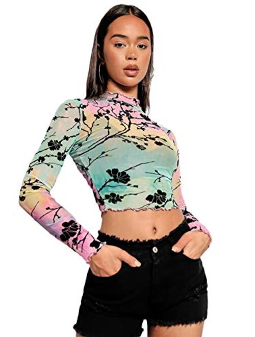 SweatyRocks Women's Long Sleeve Mock Neck Angel Print Sexy Sheer Mesh Crop Top