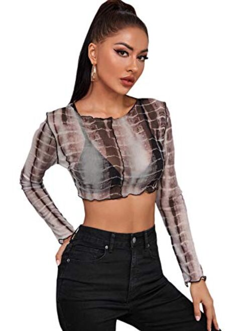 SweatyRocks Women's Long Sleeve Mock Neck Angel Print Sexy Sheer Mesh Crop Top