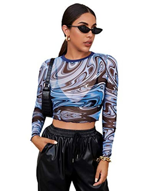 SweatyRocks Women's Long Sleeve Mock Neck Angel Print Sexy Sheer Mesh Crop Top