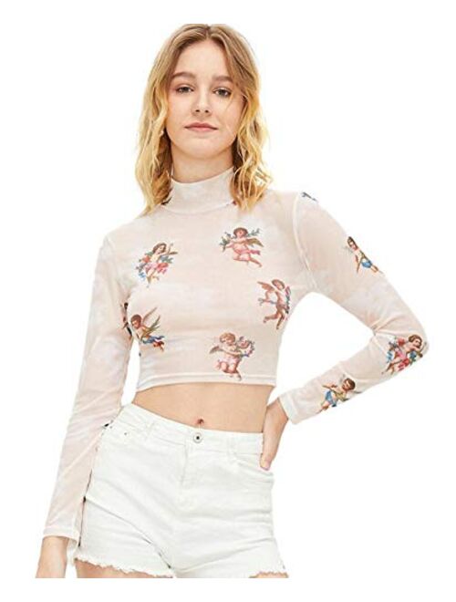 SweatyRocks Women's Long Sleeve Mock Neck Angel Print Sexy Sheer Mesh Crop Top