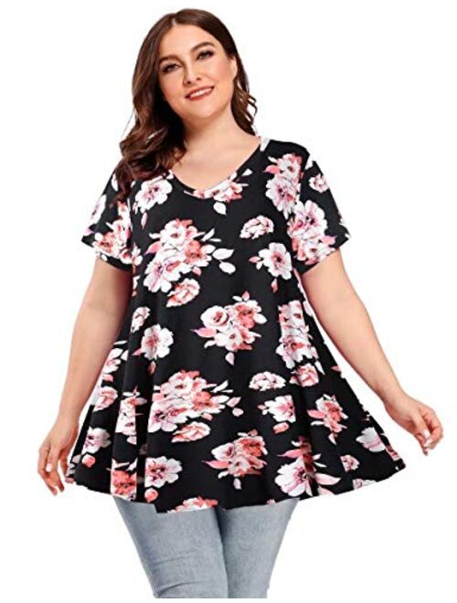 LARACE Tunics Short Sleeve Plus Size Casual Tops for Women V Neck Loose Fit Flowy Clothing for Leggings