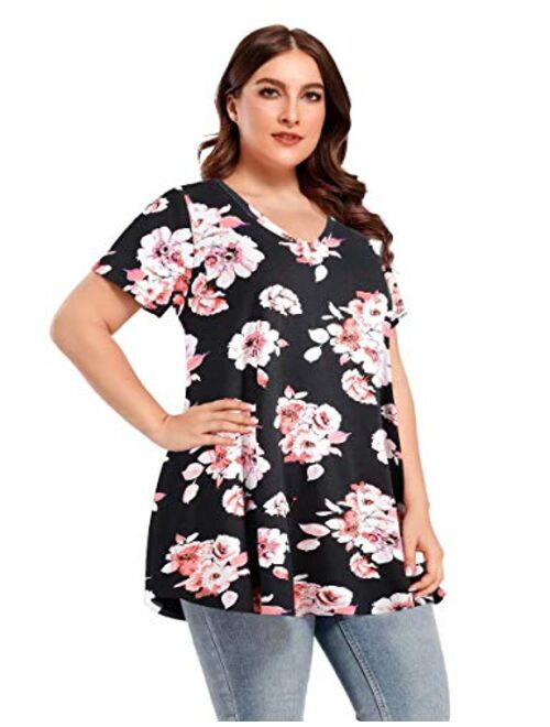 LARACE Tunics Short Sleeve Plus Size Casual Tops for Women V Neck Loose Fit Flowy Clothing for Leggings