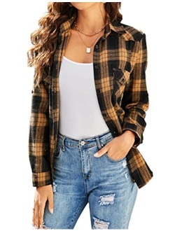 Genhoo Women's Roll Up Long Sleeve Tartan Plaid Collared Button Down Boyfriend Casual Flannel Shirt Top