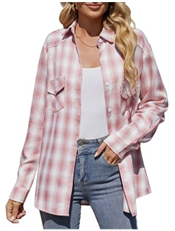 Genhoo Women's Roll Up Long Sleeve Tartan Plaid Collared Button Down Boyfriend Casual Flannel Shirt Top