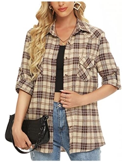 Genhoo Women's Roll Up Long Sleeve Tartan Plaid Collared Button Down Boyfriend Casual Flannel Shirt Top