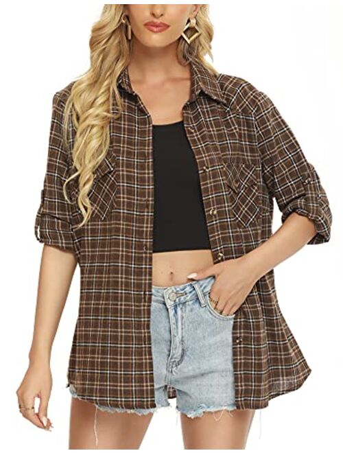 Genhoo Women's Roll Up Long Sleeve Tartan Plaid Collared Button Down Boyfriend Casual Flannel Shirt Top