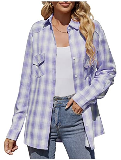 Genhoo Women's Roll Up Long Sleeve Tartan Plaid Collared Button Down Boyfriend Casual Flannel Shirt Top