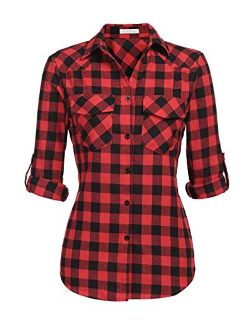 Genhoo Women's Roll Up Long Sleeve Tartan Plaid Collared Button Down Boyfriend Casual Flannel Shirt Top