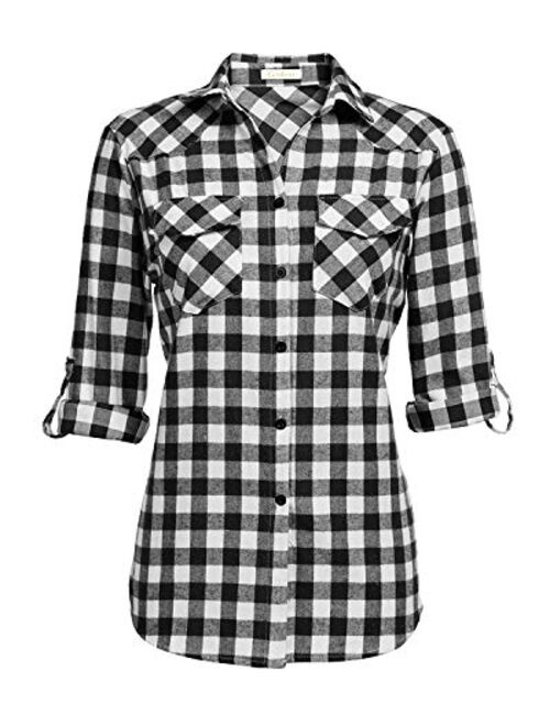 Genhoo Women's Roll Up Long Sleeve Tartan Plaid Collared Button Down Boyfriend Casual Flannel Shirt Top