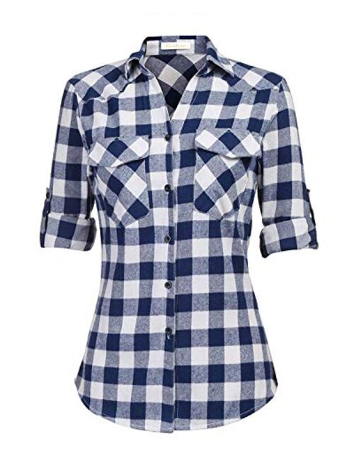 Genhoo Women's Roll Up Long Sleeve Tartan Plaid Collared Button Down Boyfriend Casual Flannel Shirt Top