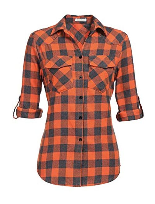 Genhoo Women's Roll Up Long Sleeve Tartan Plaid Collared Button Down Boyfriend Casual Flannel Shirt Top