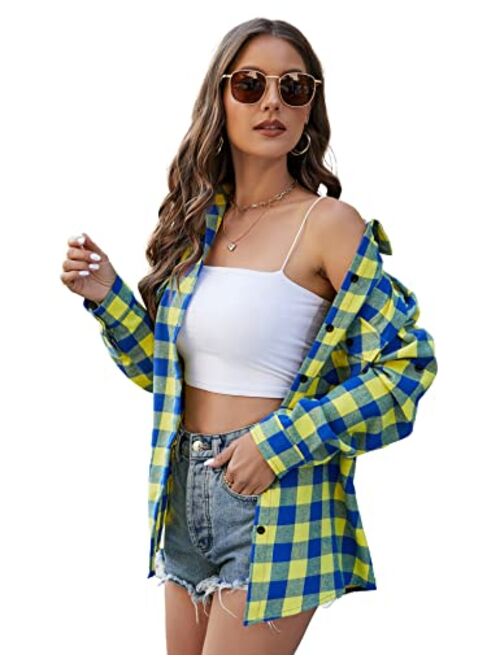 Genhoo Women's Roll Up Long Sleeve Tartan Plaid Collared Button Down Boyfriend Casual Flannel Shirt Top