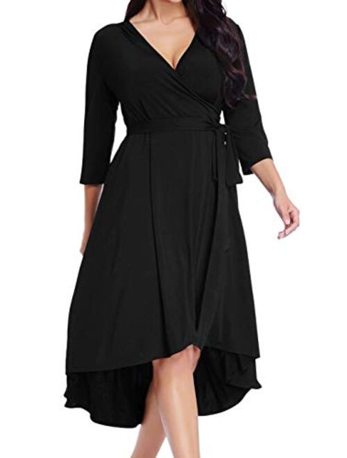 GRAPENT Women's Plus Size Solid V Neck Knee Length 3/4 Sleeve Hi Lo True Wrap Dress