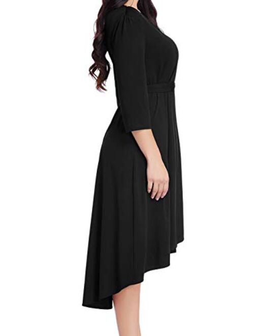 GRAPENT Women's Plus Size Solid V Neck Knee Length 3/4 Sleeve Hi Lo True Wrap Dress